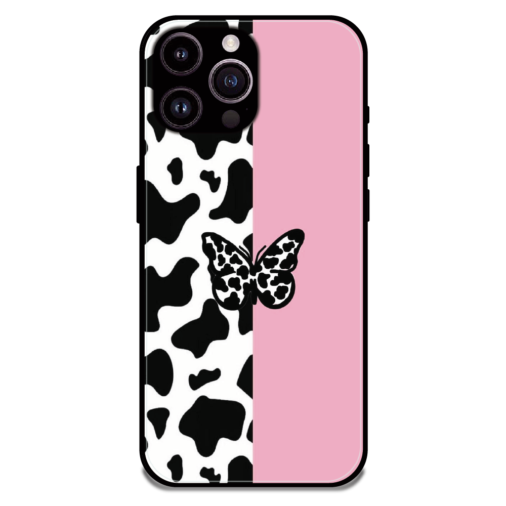 Cow Print Butterfly - Glossy Metal Silicone Case For Apple iPhone 14 Pro