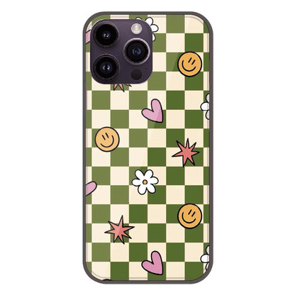 Checkerboard Smile Daisy Heart - Printed Silicone Case For Apple iPhone 14 Pro