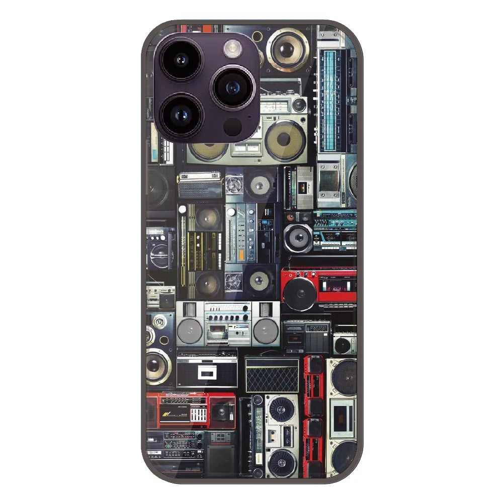 Retro Boombox Music Pattern - Printed Silicone Case For Apple iPhone 14 Pro