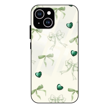 Elegant Green Bow & Heart Pattern - Glass Case For Apple iPhone 14