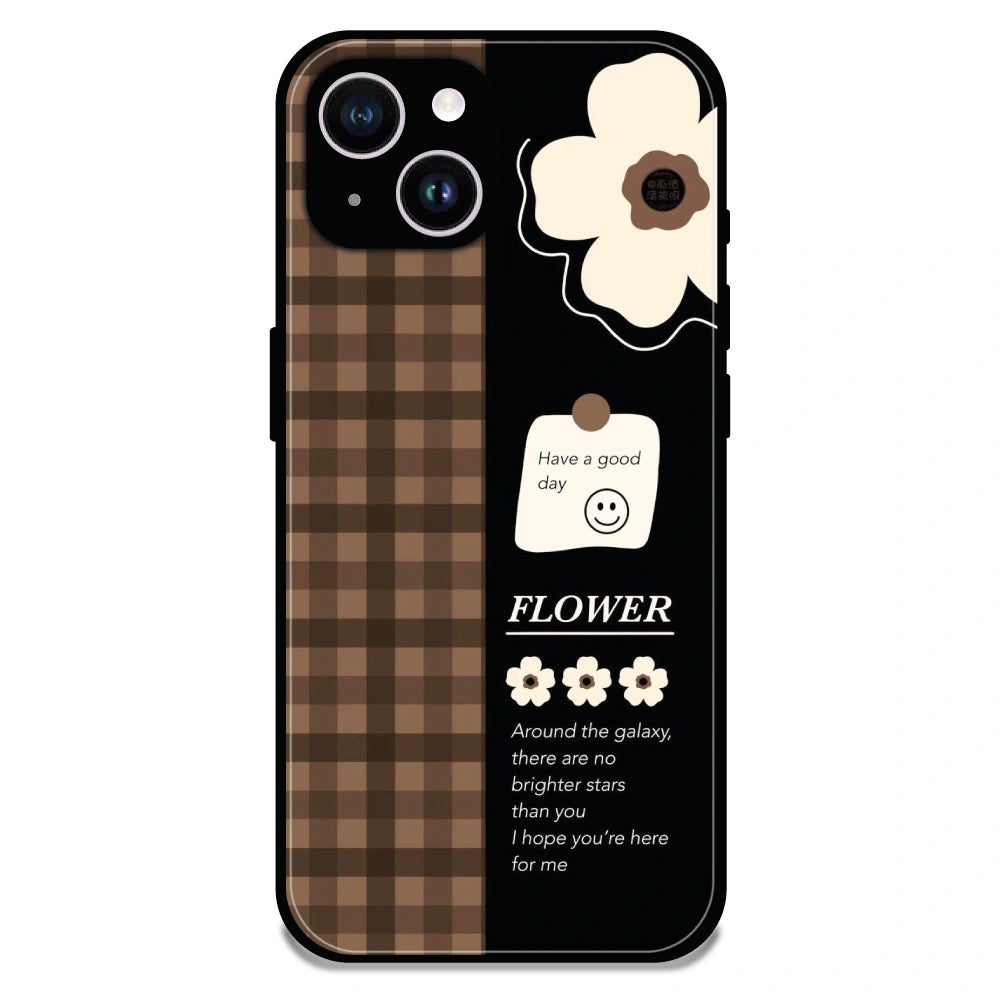 Brown Checkered Flower Quote - Glossy Metal Silicone Case For Apple iPhone 14