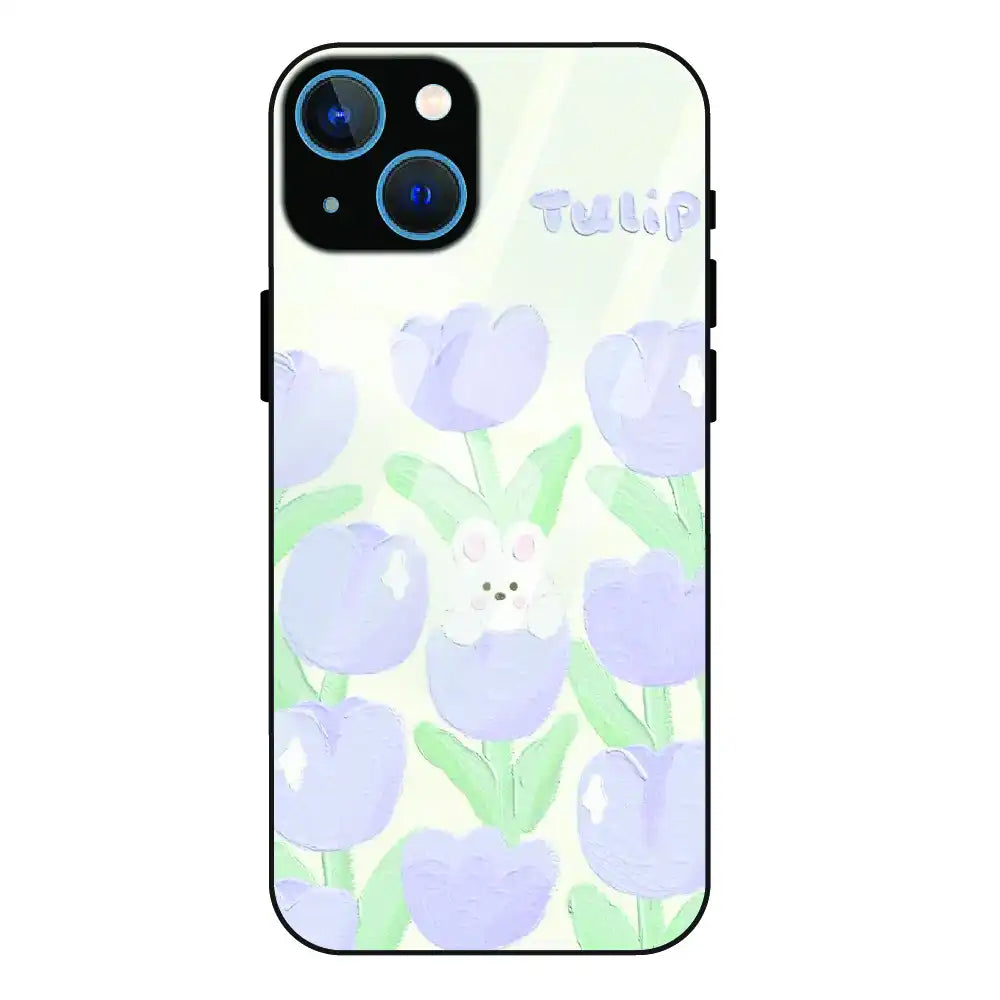Cute Bunny Tulip - Glass Case For Apple iPhone 15