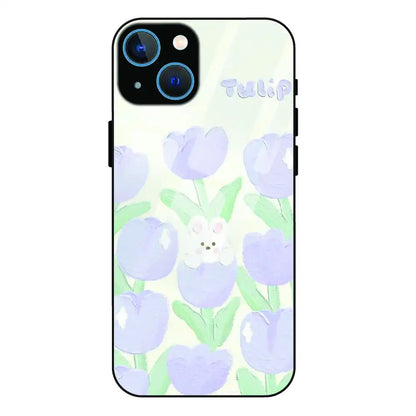 Cute Bunny Tulip - Glass Case For Apple iPhone 15