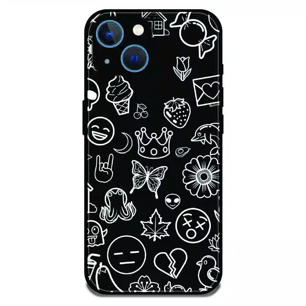 Black Doodle Icons Pattern - Glossy Metal Silicone Case For Apple iPhone 15