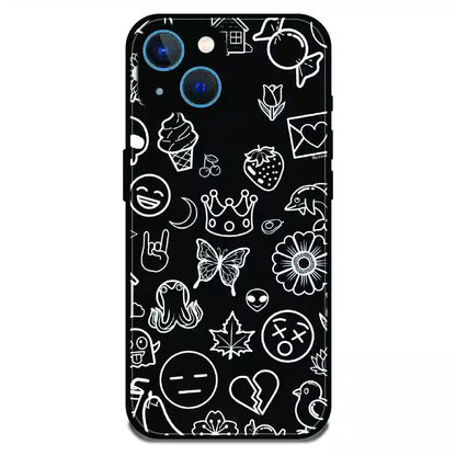 Black Doodle Icons Pattern - Glossy Metal Silicone Case For Apple iPhone 15