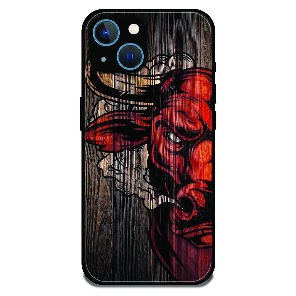 Abstract Red Mask Wood Art - Glossy Metal Silicone Case For Apple iPhone 15