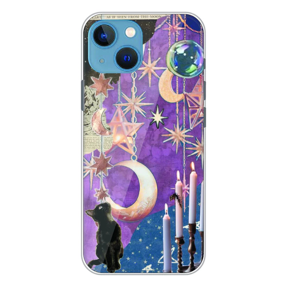 Celestial Moon Cat Art - Printed Silicone Case For Apple iPhone 15