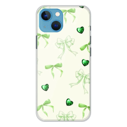 Elegant Green Bow & Heart Pattern - Printed Silicone Case For Apple iPhone 15