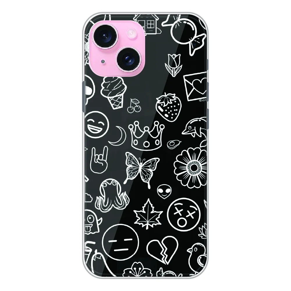 Black Doodle Icons Pattern - Printed Silicone Case For Apple iPhone 15 Plus