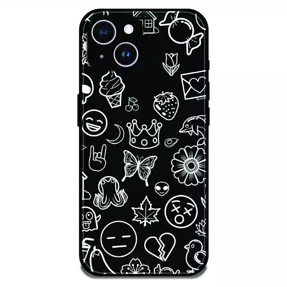 Black Doodle Icons Pattern - Glossy Metal Silicone Case For Apple iPhone 15 Plus