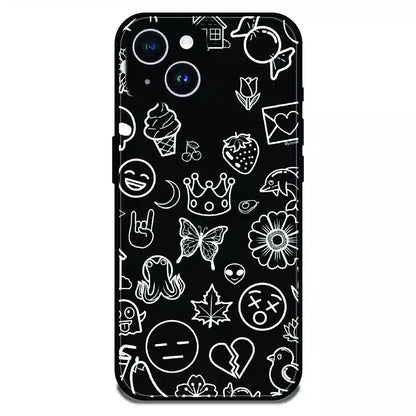 Black Doodle Icons Pattern - Glossy Metal Silicone Case For Apple iPhone 15 Plus