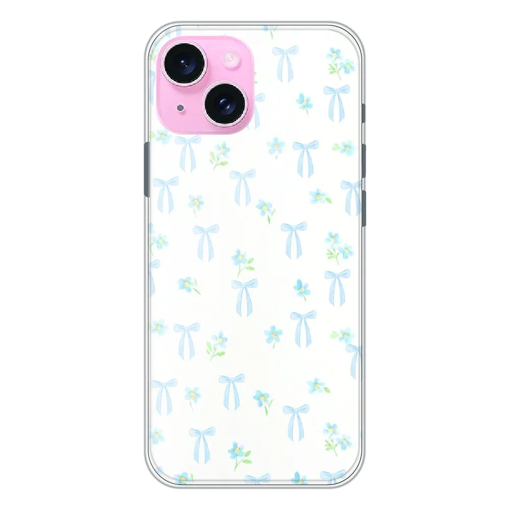 Soft Blue Bow Floral - Printed Silicone Case For Apple iPhone 15 Plus