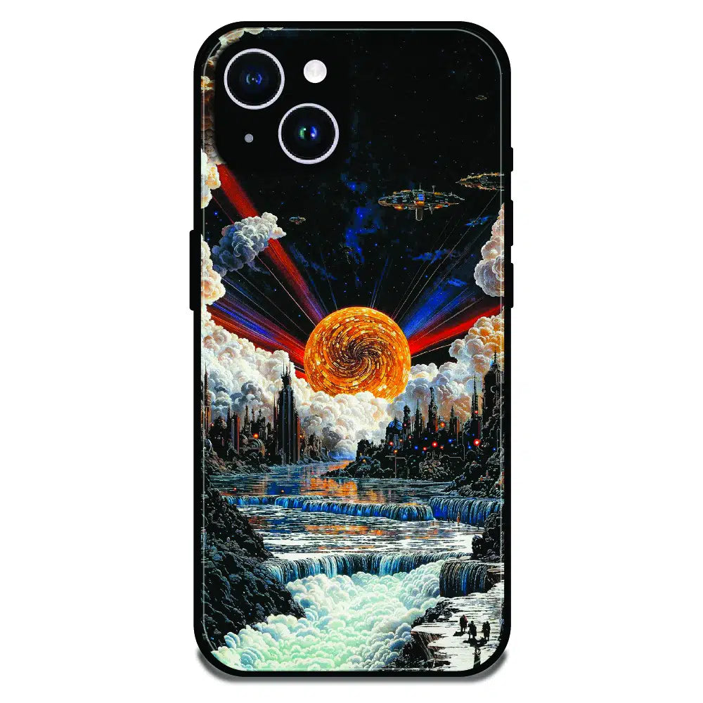 Cosmic Fantasy Sun Landscape - Glossy Metal Silicone Case For Apple iPhone 15 Plus