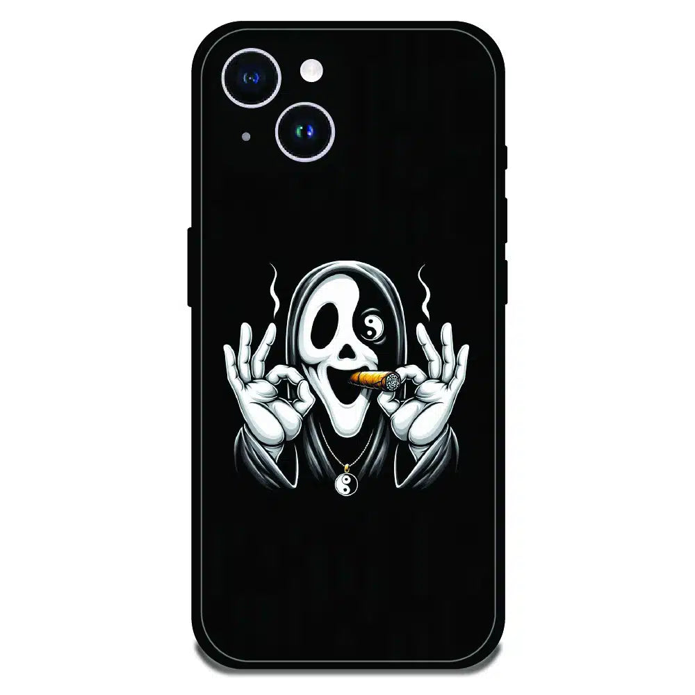 Smoky Skull Chill - Glossy Metal Silicone Case For Apple iPhone 15 Plus