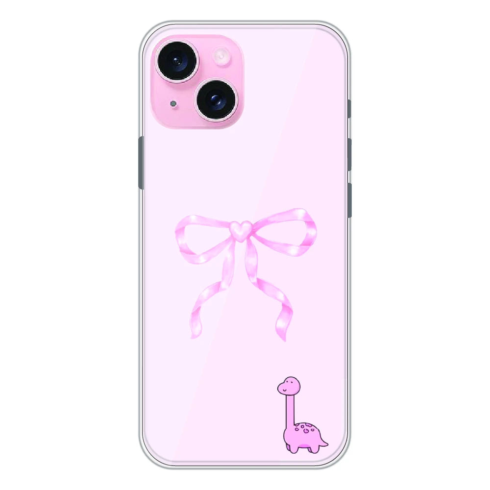 Cute Pink Dino Bow - Printed Silicone Case For Apple iPhone 15 Plus