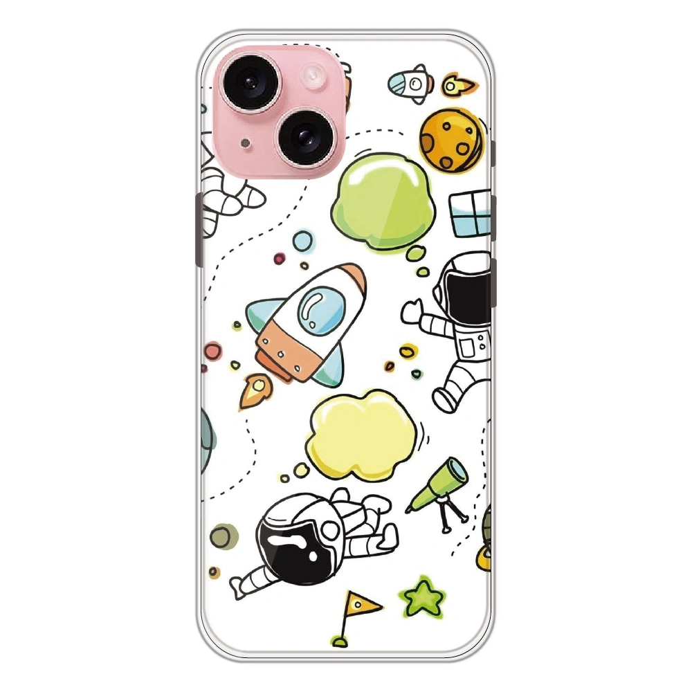 Cute Rocket & Galaxy - Printed Silicone Case For Apple iPhone 15 Plus