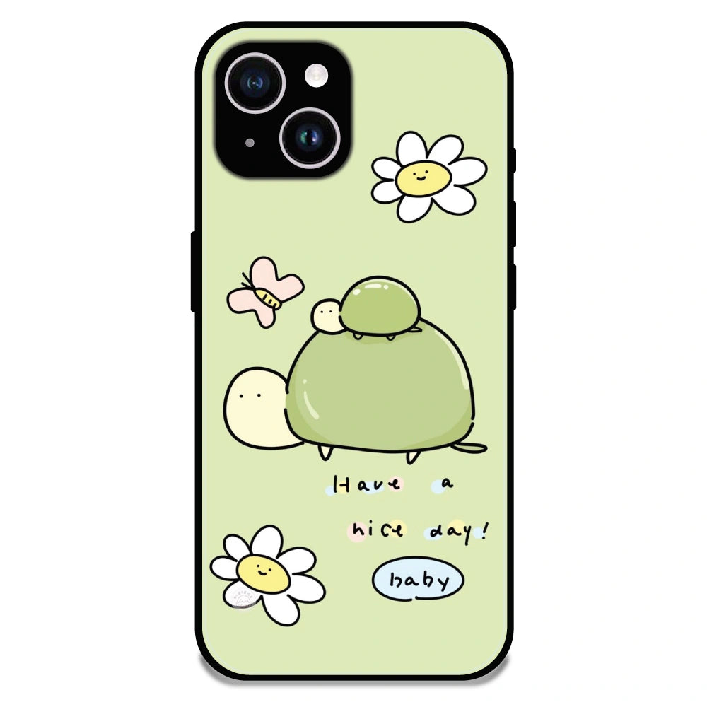 'Cute Turtle & Daisy “Have a Nice Day” - Glossy Metal Silicone Case For Apple iPhone 15 Plus