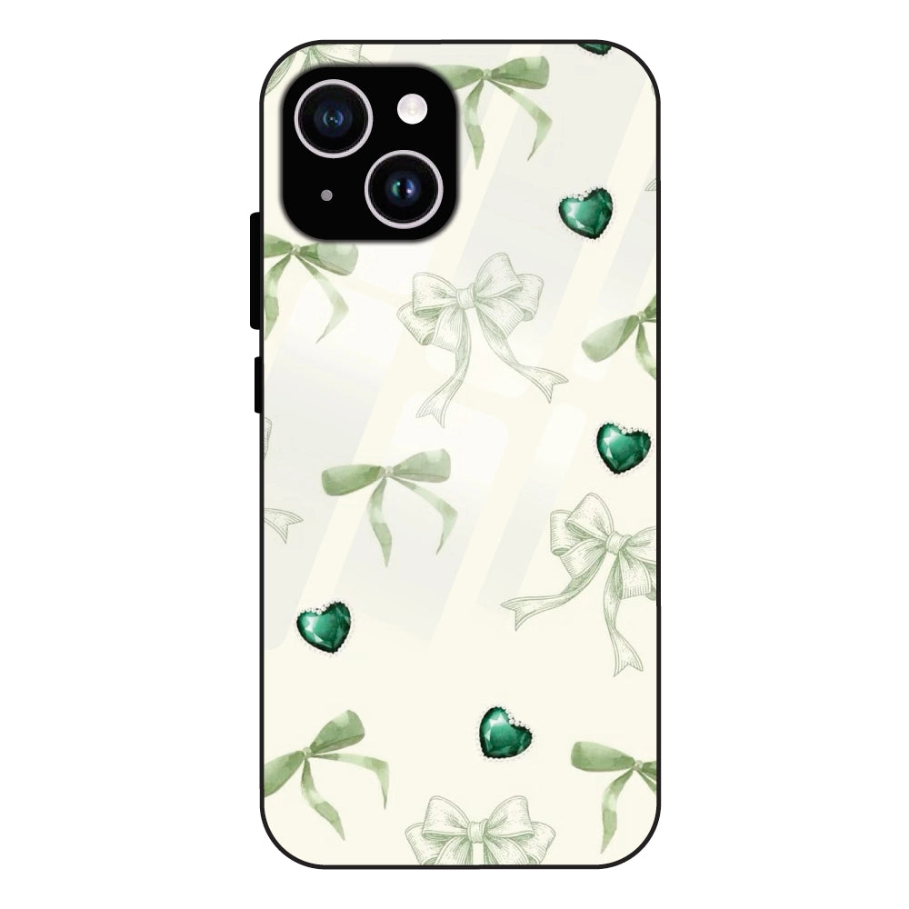 Elegant Green Bow & Heart Pattern - Glass Case For Apple iPhone 15 Plus