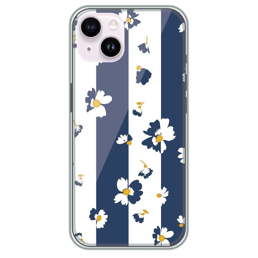 Blue Daisy Stripes - Printed Silicone Case for Apple iPhone 15 Plus