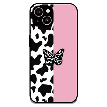 Cow Print Butterfly - Glossy Metal Silicone Case For Apple iPhone 15 Plus