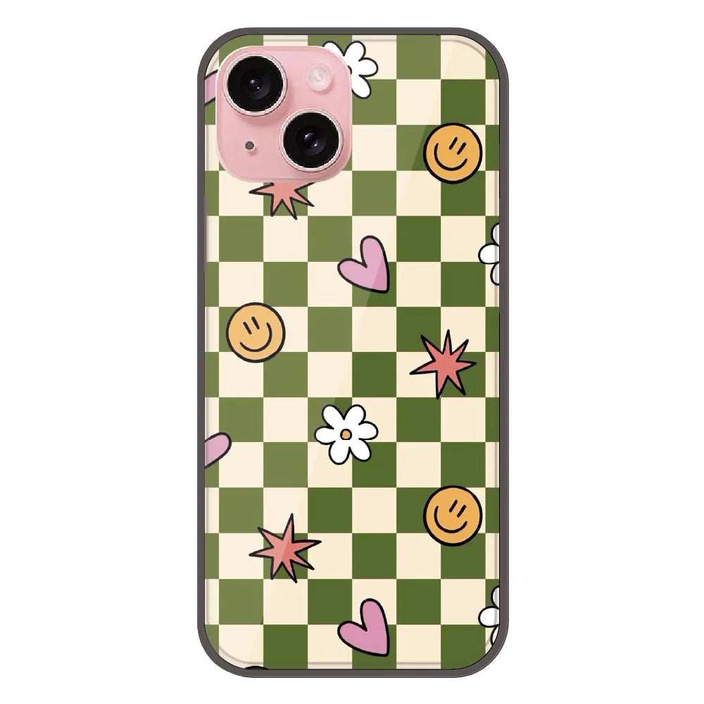 Checkerboard Smile Daisy Heart - Printed Silicone Case For Apple iPhone 15 Plus