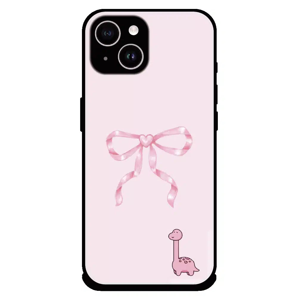 Cute Pink Dino Bow - Glossy Metal Silicone Case For Apple iPhone 15 Plus