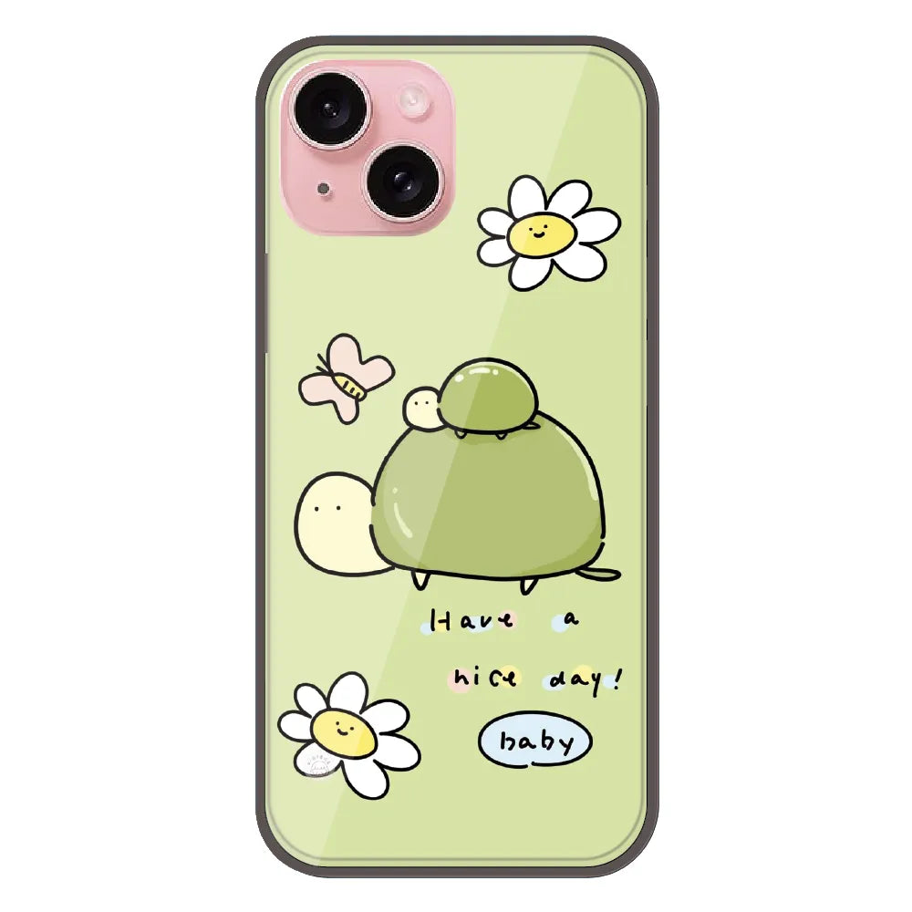 Cute Turtle & Daisy “Have a Nice Day” - Printed Silicone Case For Apple iPhone 15 Plus
