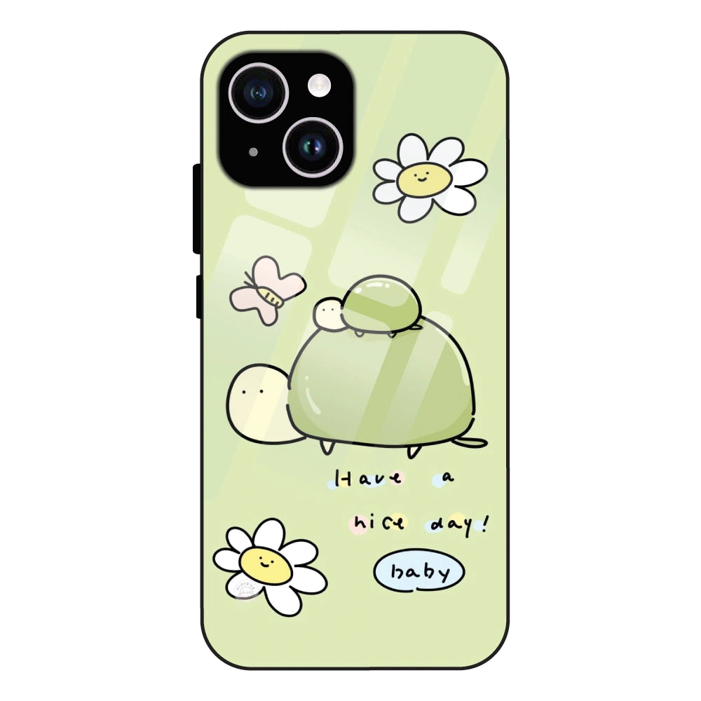 Cute Turtle & Daisy “Have a Nice Day” - Glass Case For Apple iPhone 15 Plus