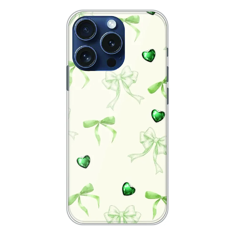 Elegant Green Bow & Heart Pattern - Printed Silicone Case For Apple iPhone 15 Pro
