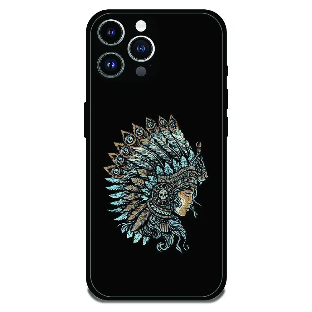 Tribal Warrior Feather Headdress - Glossy Metal Silicone Case For Apple iPhone 15 Pro