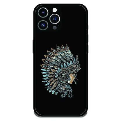 Tribal Warrior Feather Headdress - Glossy Metal Silicone Case For Apple iPhone 15 Pro
