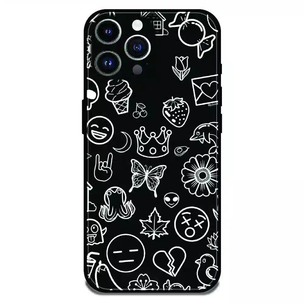 Black Doodle Icons Pattern - Glossy Metal Silicone Case For Apple iPhone 15 Pro