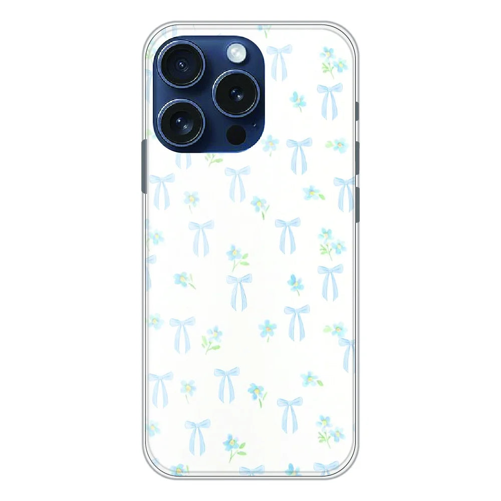 Soft Blue Bow Floral - Printed Silicone Case For Apple iPhone 15 Pro