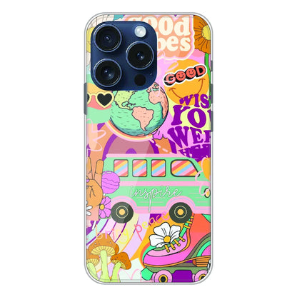 Good Vibes Retro Travel Art - Printed Silicone Case For Apple iPhone 15 Pro
