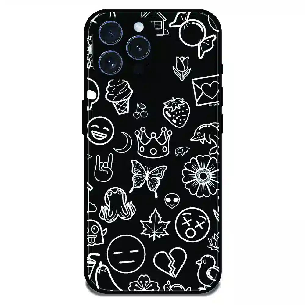 Black Doodle Icons Pattern - Glossy Metal Silicone Case For Apple iPhone 15 Pro Max