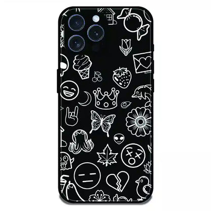 Black Doodle Icons Pattern - Glossy Metal Silicone Case For Apple iPhone 15 Pro Max