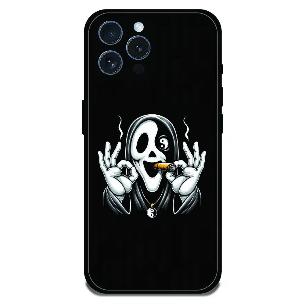 Smoky Skull Chill - Glossy Metal Silicone Case For Apple iPhone 15 Pro Max