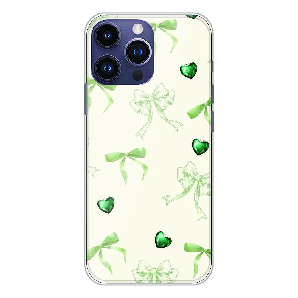 Elegant Green Bow & Heart Pattern - Printed Silicone Case For Apple iPhone 15 Pro Max