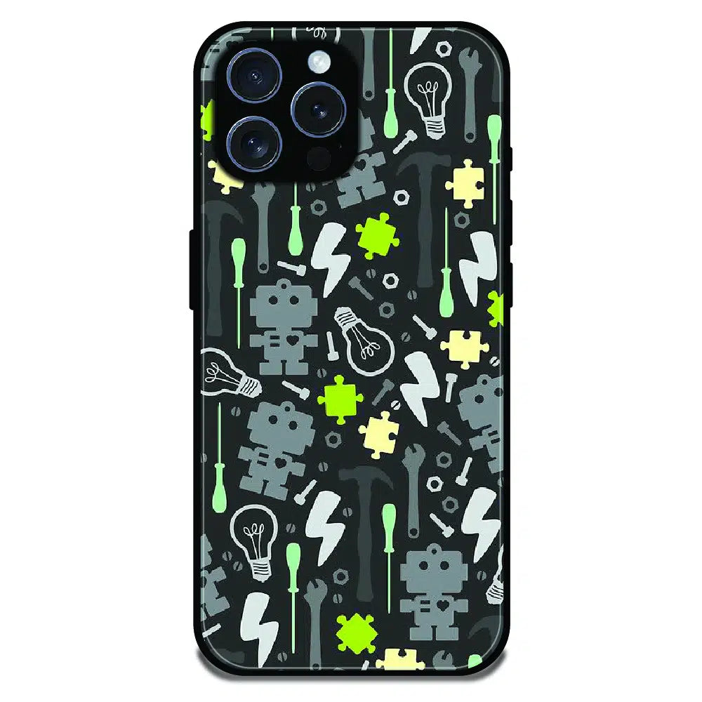 Robot Tools Pattern - Glossy Metal Silicone Case For Apple iPhone 15 Pro Max