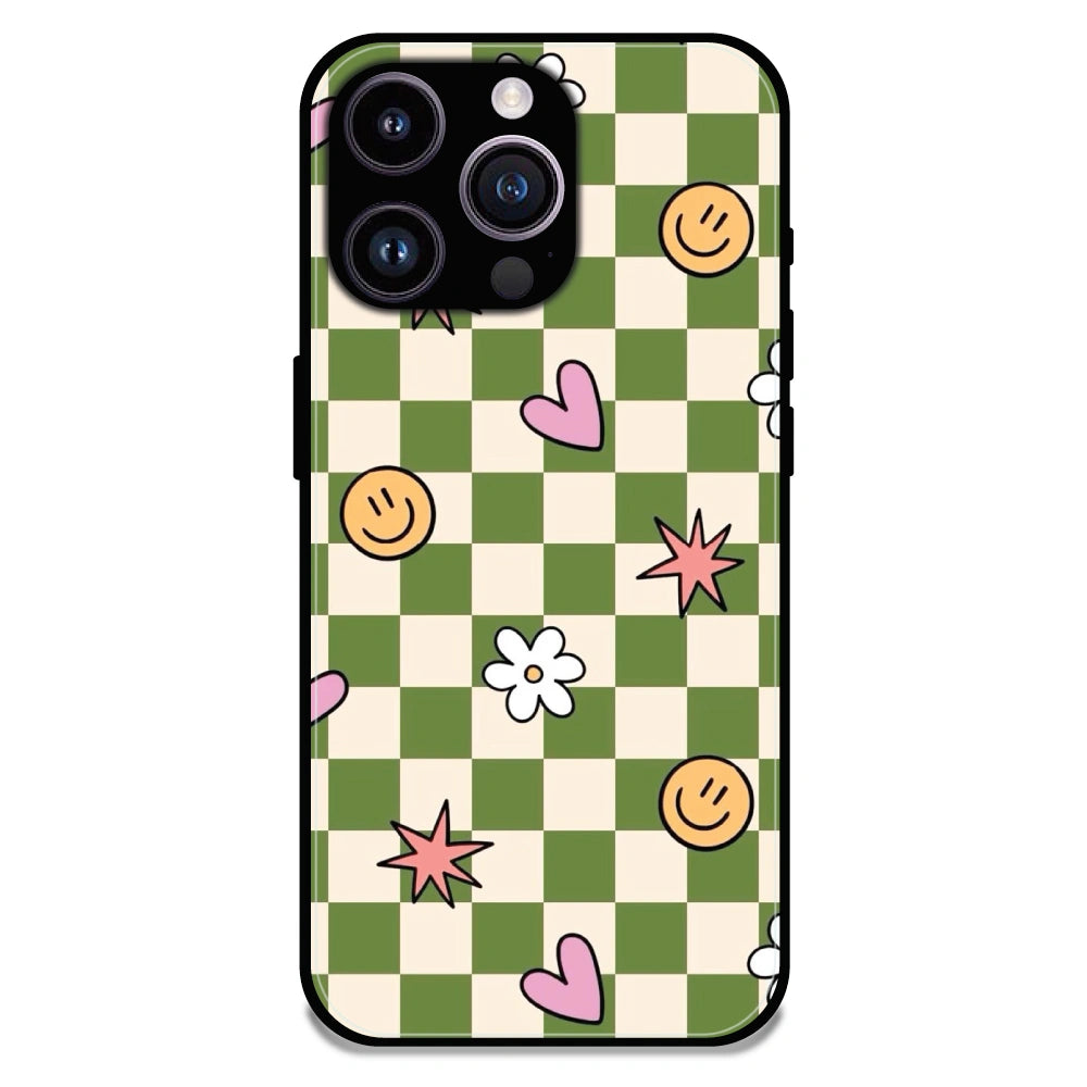 Checkerboard Smile Daisy Heart - Glossy Metal Silicone Case For Apple iPhone 15 Pro Max