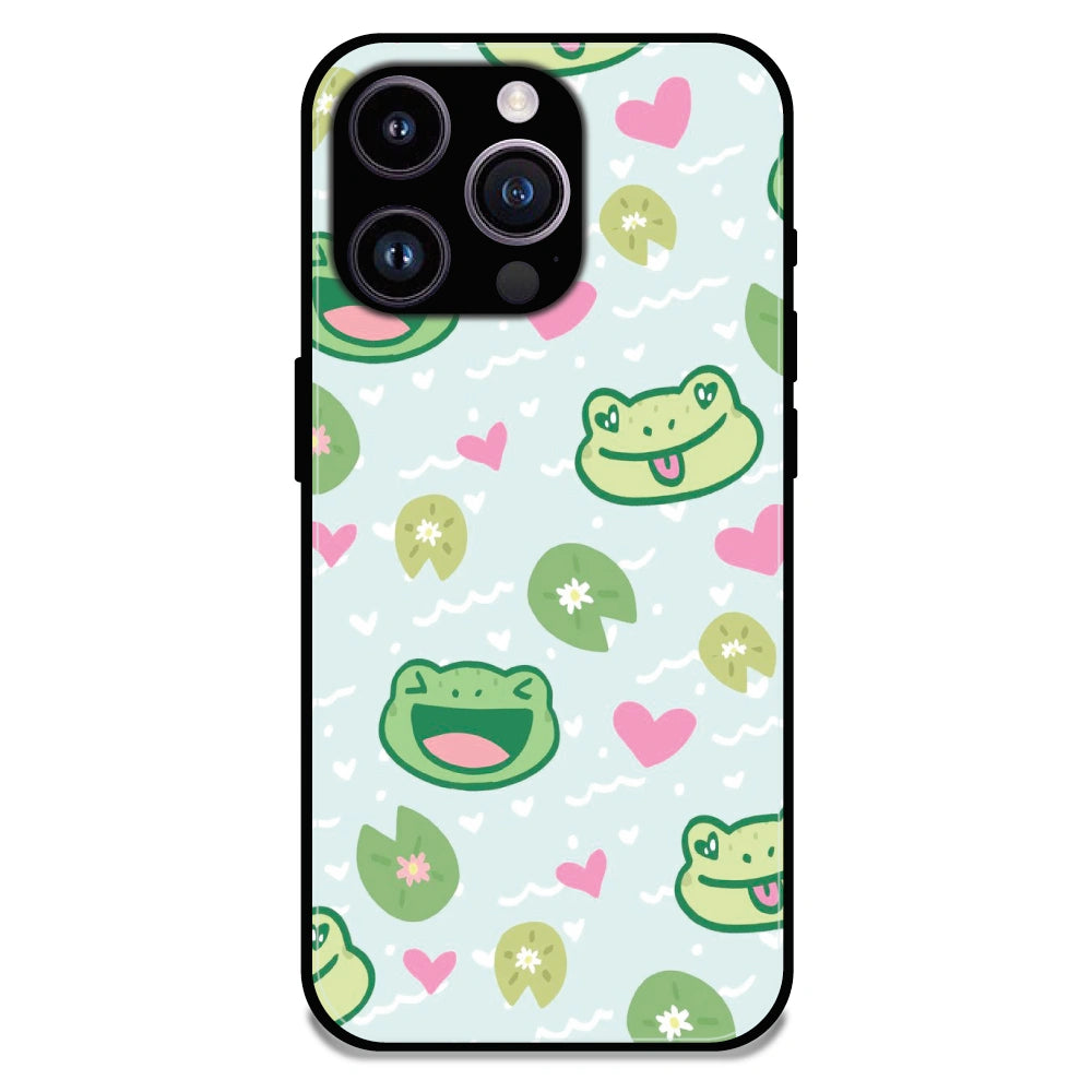 Cute Frog & Heart Pattern - Glossy Metal Silicone Case For Apple iPhone 15 Pro Max