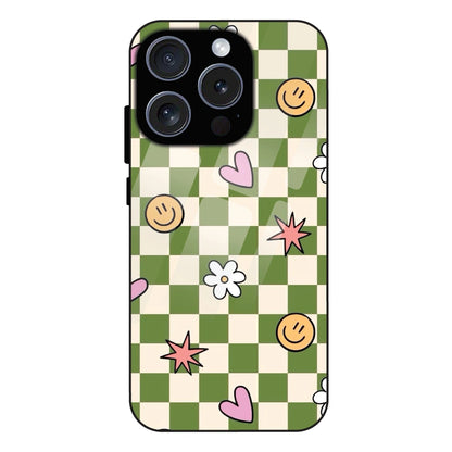 Checkerboard Smile Daisy Heart - Glass Case For Apple iPhone 15 Pro Max