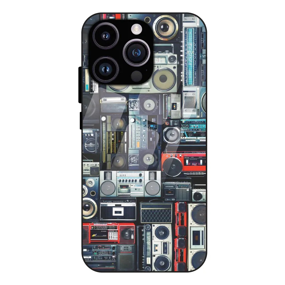 Retro Boombox Music Pattern - Glass Case For Apple iPhone 15 Pro Max