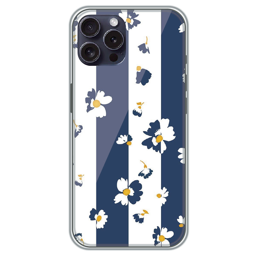Blue Daisy Stripes - Printed Silicone Case for Apple iPhone 15 Pro Max