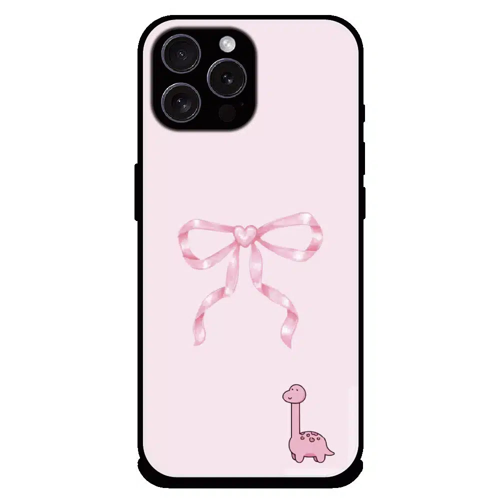 Cute Pink Dino Bow - Glossy Metal Silicone Case For Apple iPhone 15 Pro Max