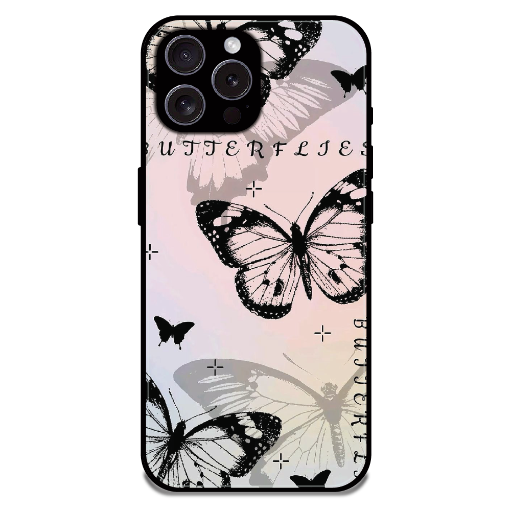 Monochrome Butterfly Art - Glossy Metal Silicone Case For Apple iPhone 15 Pro Max