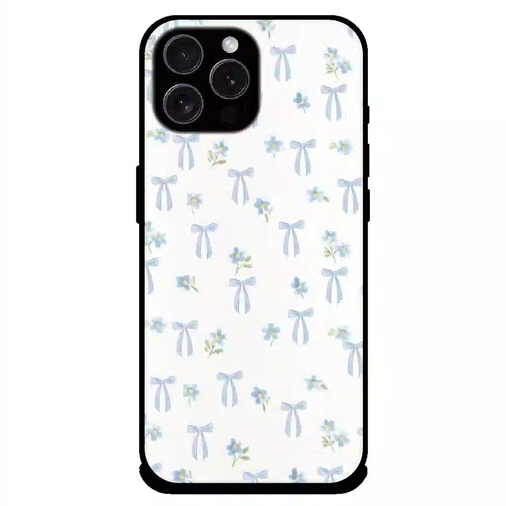 Soft Blue Bow Floral - Glossy Metal Silicone Case For Apple iPhone 15 Pro Max