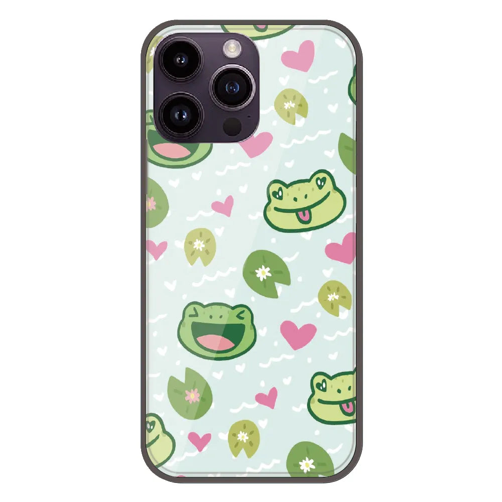 Cute Frog & Heart Pattern - Printed Silicone Case For Apple iPhone 15 Pro Max