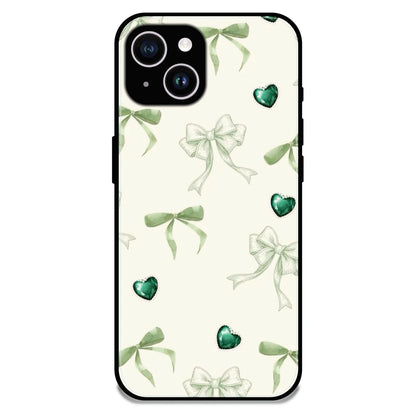 Elegant Green Bow & Heart Pattern - Glossy Metal Silicone Case For Apple iPhone 15 Pro