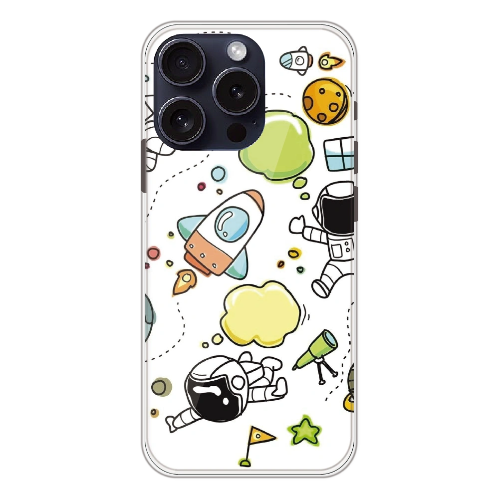 Cute Rocket & Galaxy - Printed Silicone Case For Apple iPhone 15 Pro